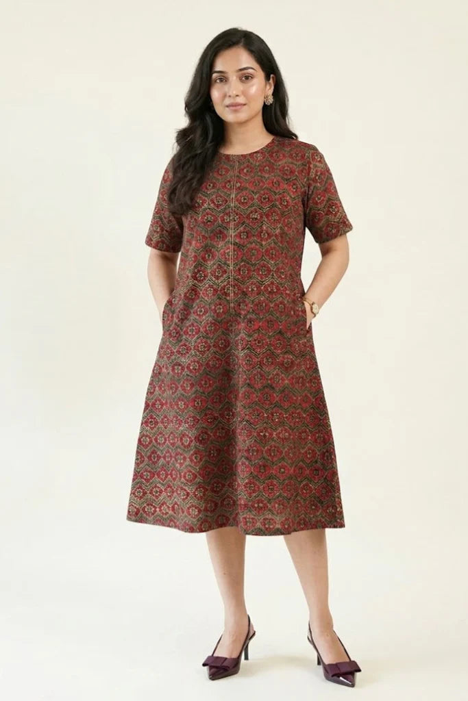 Handblock Printed Cotton Maxi Dress with panelled flare and button-down front detail.