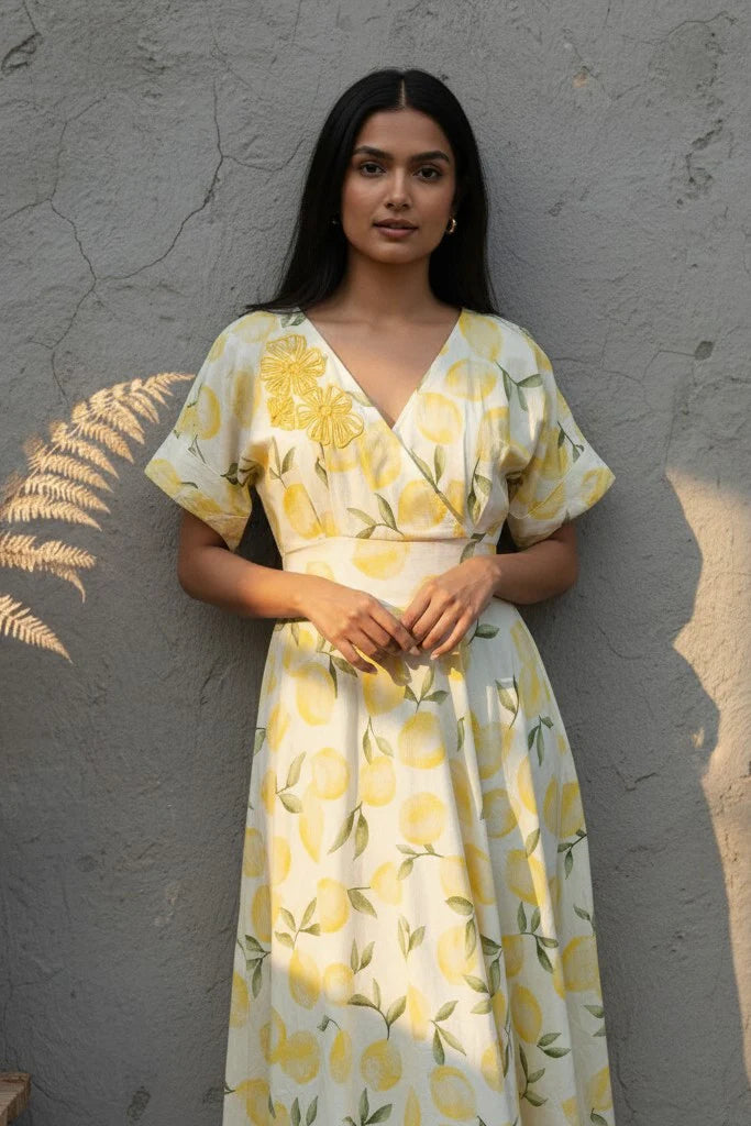 Cotton Linen Leaf Print Dress with smocked waist and handcrafted neckline embroidery.