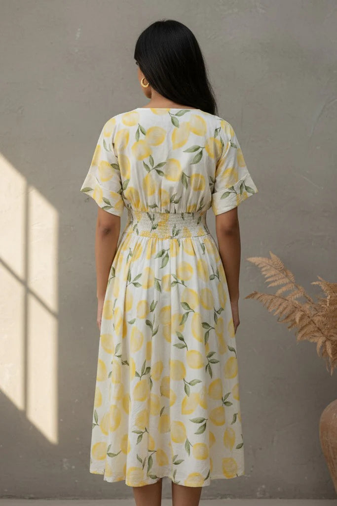 Cotton Linen Leaf Print Dress with smocked waist and handcrafted neckline embroidery.