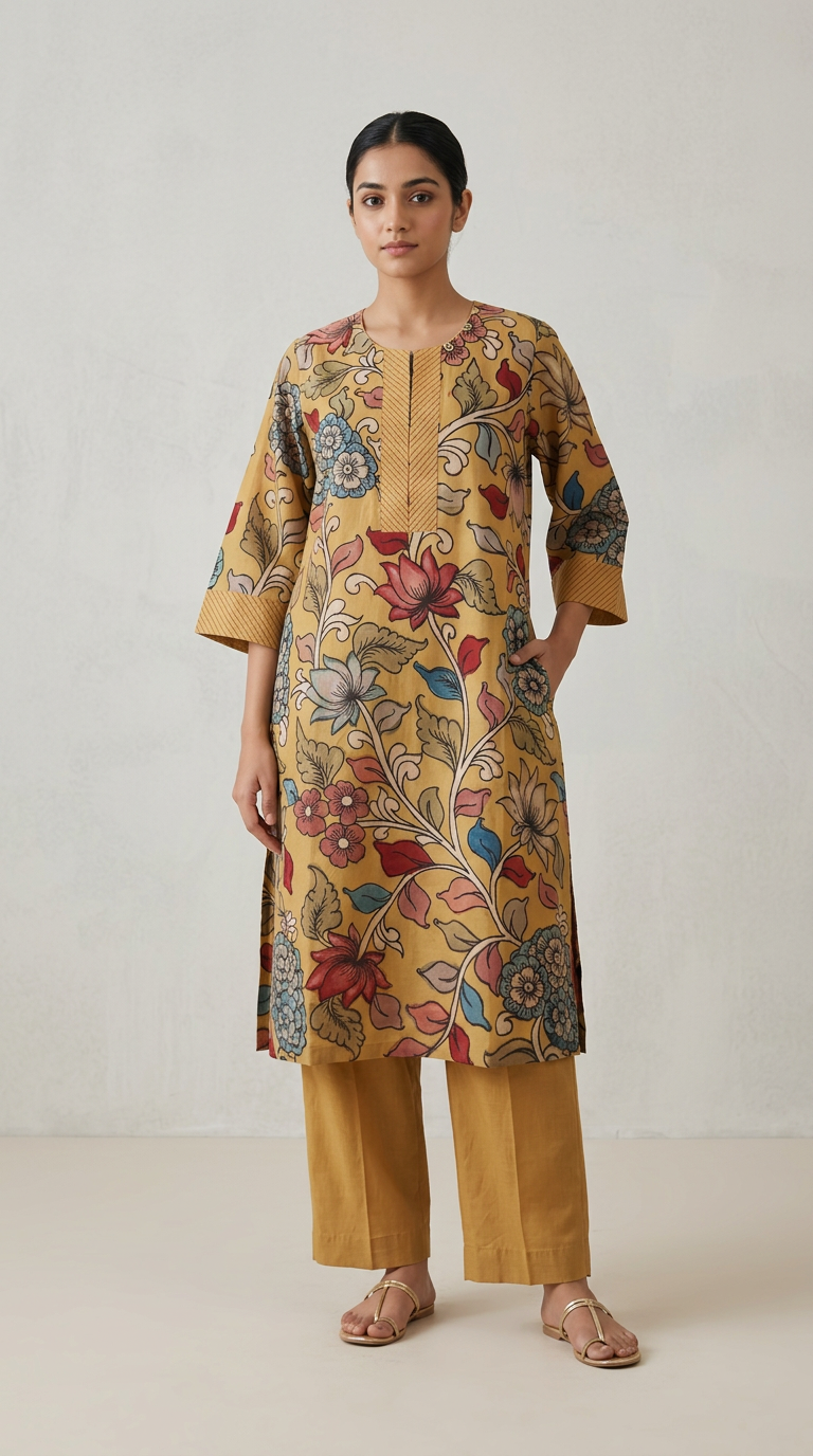 Hand Painted Nellore Silk Kurta Set Limone