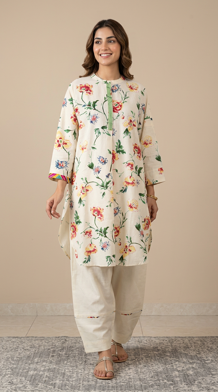 Mul Cotton Floral Kaftan Kurta Set Maiden