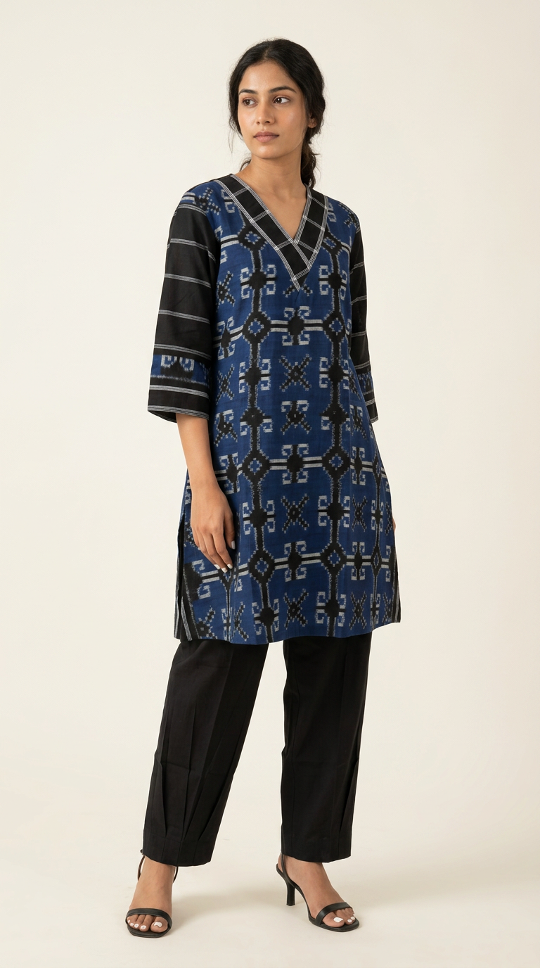 Handloom Ikkat Cotton Contrast Kurta Set Asla