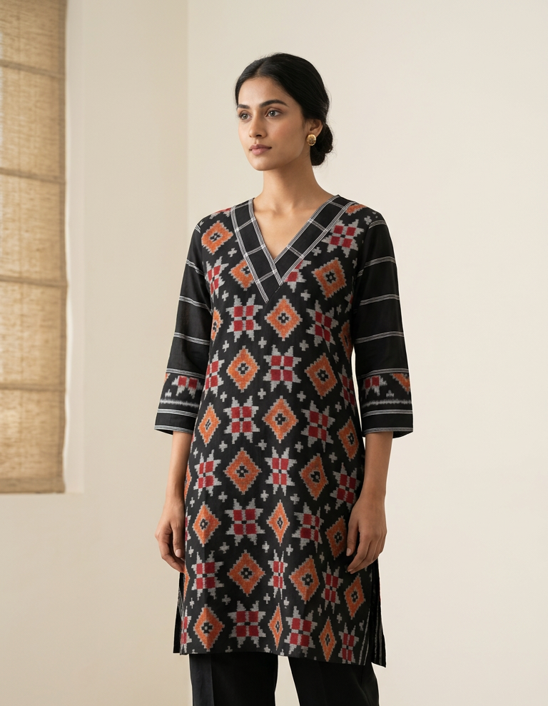 Handloom Ikkat Cotton Kurta Set Mocha