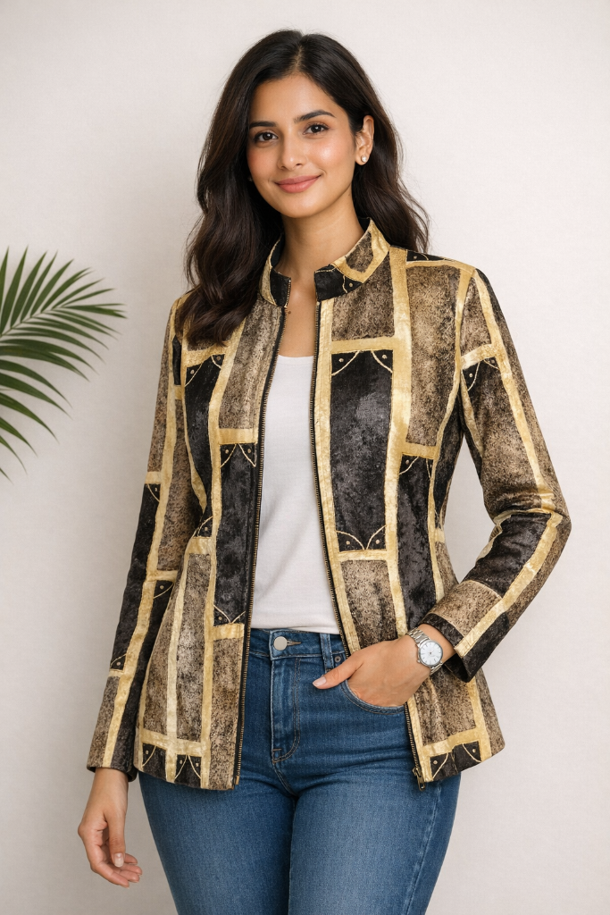 Woman wearing a patterned blazer over a white top and blue jeans, standing against a plain background.