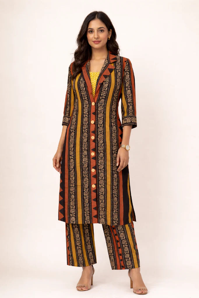 Linen Leaf Print Co-ord Set featuring a boxy top with flap pockets and relaxed straight pants.