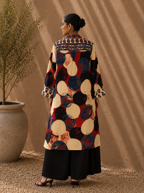 Cotton Patchwork Jacket with Kantha embroidery detailing on lapels.