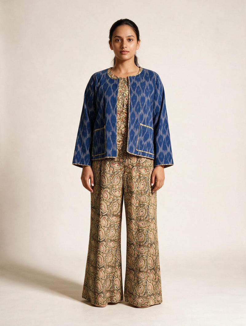 Modal Silk Shibori Kurta Set with cowl neck kurta and plain silk pants.