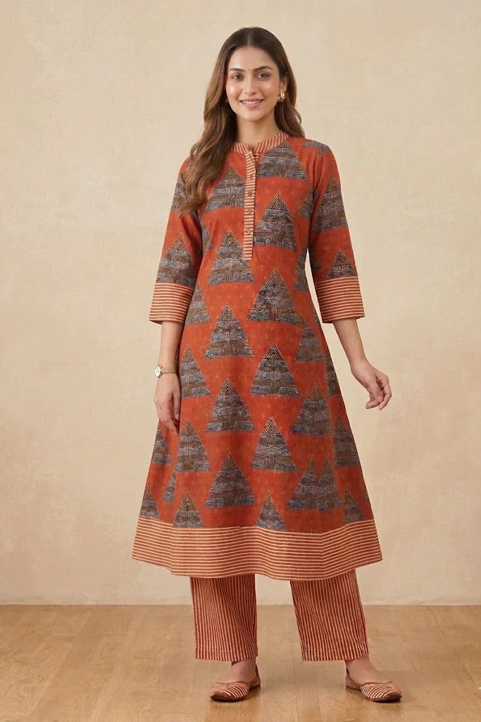 Handblock Printed Cotton Kurta Set with striped cotton pants and matching cuff detailing for a contemporary handcrafted look.