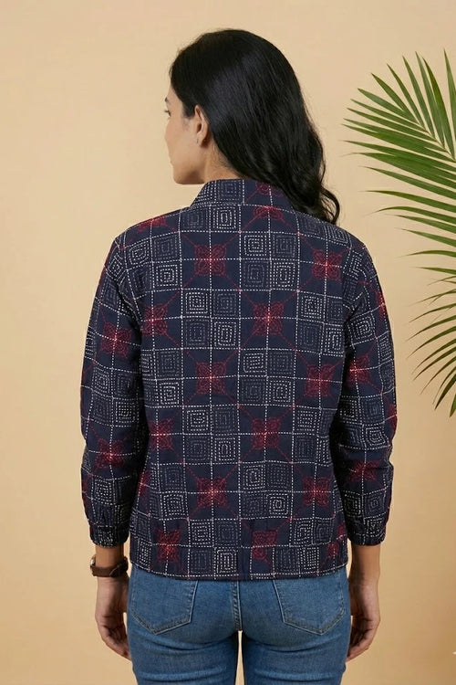 Double Ikkat Cotton Linen Reversible Bomber Jacket with handcrafted Kantha detailing.