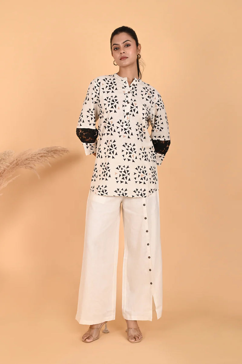 Linen Printed Co-ord Set with Chinese collar shirt, lace detailing and button-accented straight pants.
