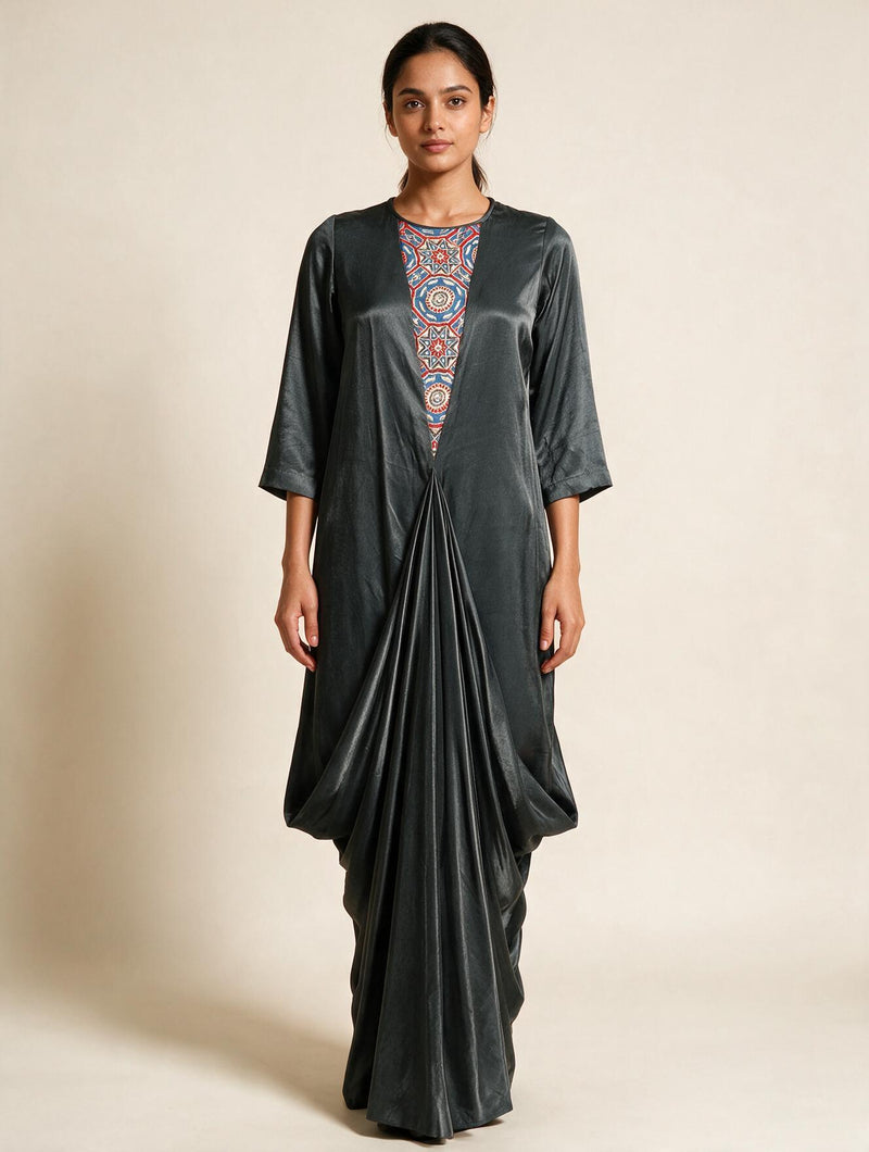 Indigo Handblock Shirt with Chinese collar, balloon sleeves and floral back detail.