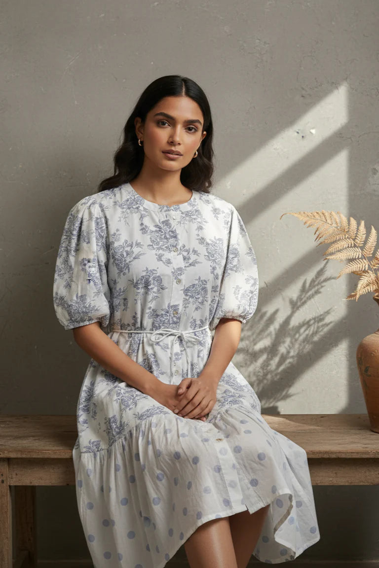 Linen Cross Bodice Dress with smocked waist and embroidered floral neckline detail.