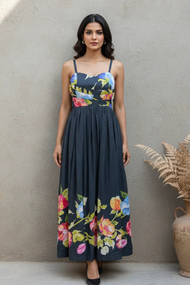 Mul Cotton Spaghetti Dress with fitted smocked bodice and fully lined finish.