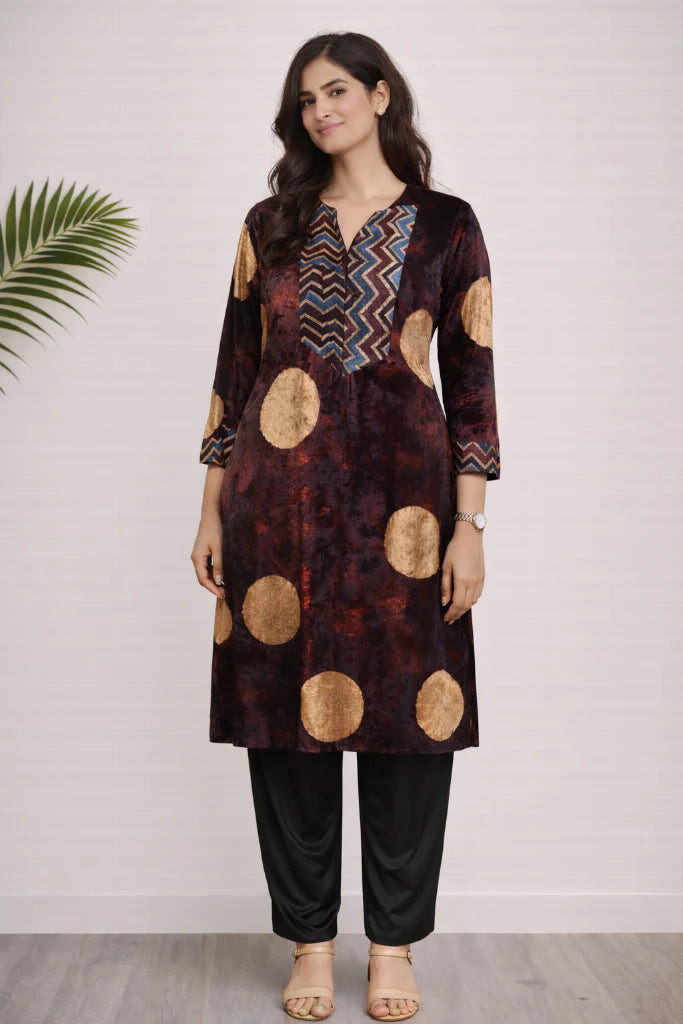 Ajrakh Handblock Linen Shift Dress featuring A-line silhouette and machine stitch detailing.