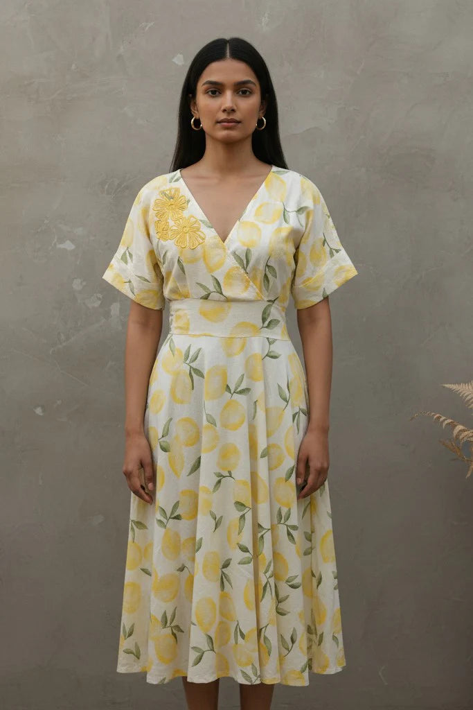 Cotton Linen Leaf Print Dress with smocked waist and handcrafted neckline embroidery.