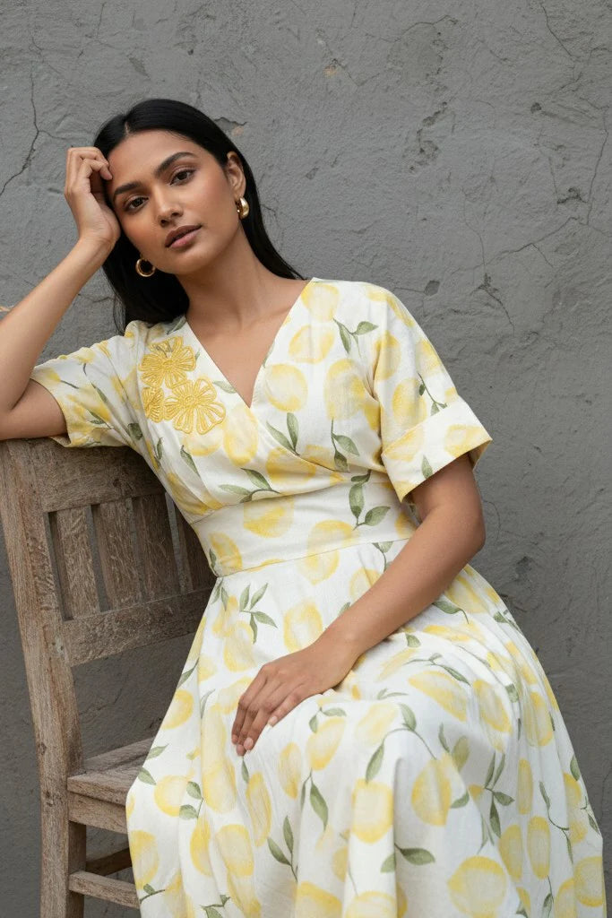 Cotton Linen Leaf Print Dress with smocked waist and handcrafted neckline embroidery.