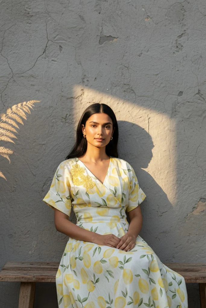 Cotton Linen Leaf Print Dress with smocked waist and handcrafted neckline embroidery.