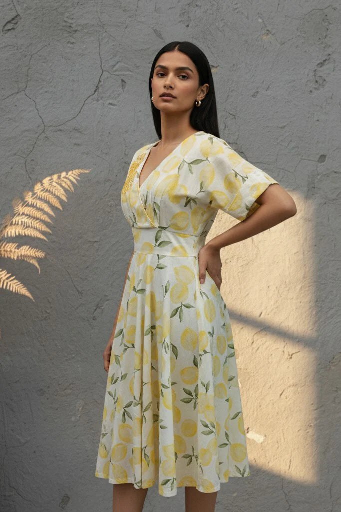 Cotton Linen Leaf Print Dress with smocked waist and handcrafted neckline embroidery.