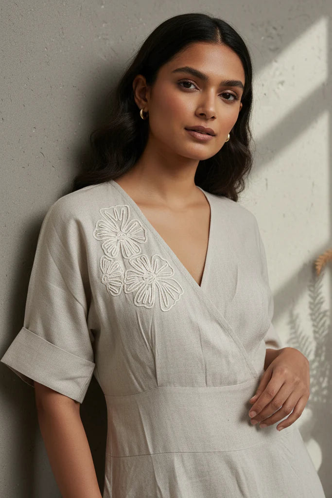 Cotton Cross Bodice Dress featuring smocked waist and handcrafted cotton dori flowers.