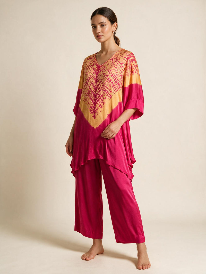 Modal Silk Ajrakh Handblock Kurta Set with striped fabric and straight pants.
