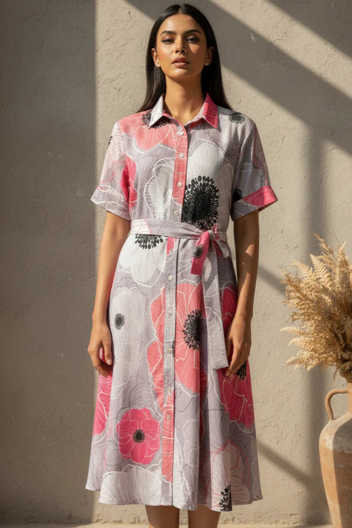 Cotton Maxi Shirt Dress with collar, button-down front and hand embroidery accents.