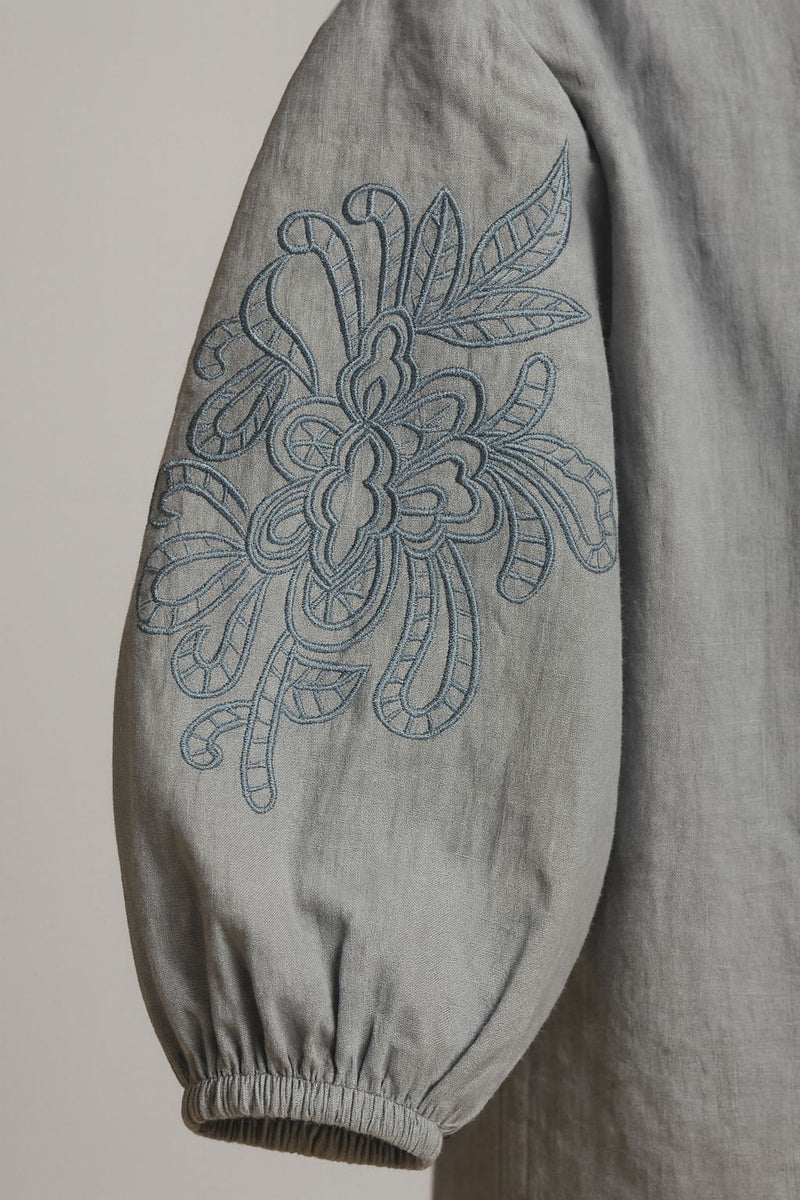 Cotton Poplin Co-ord Set with embroidered sleeves, button-down back and straight pants.