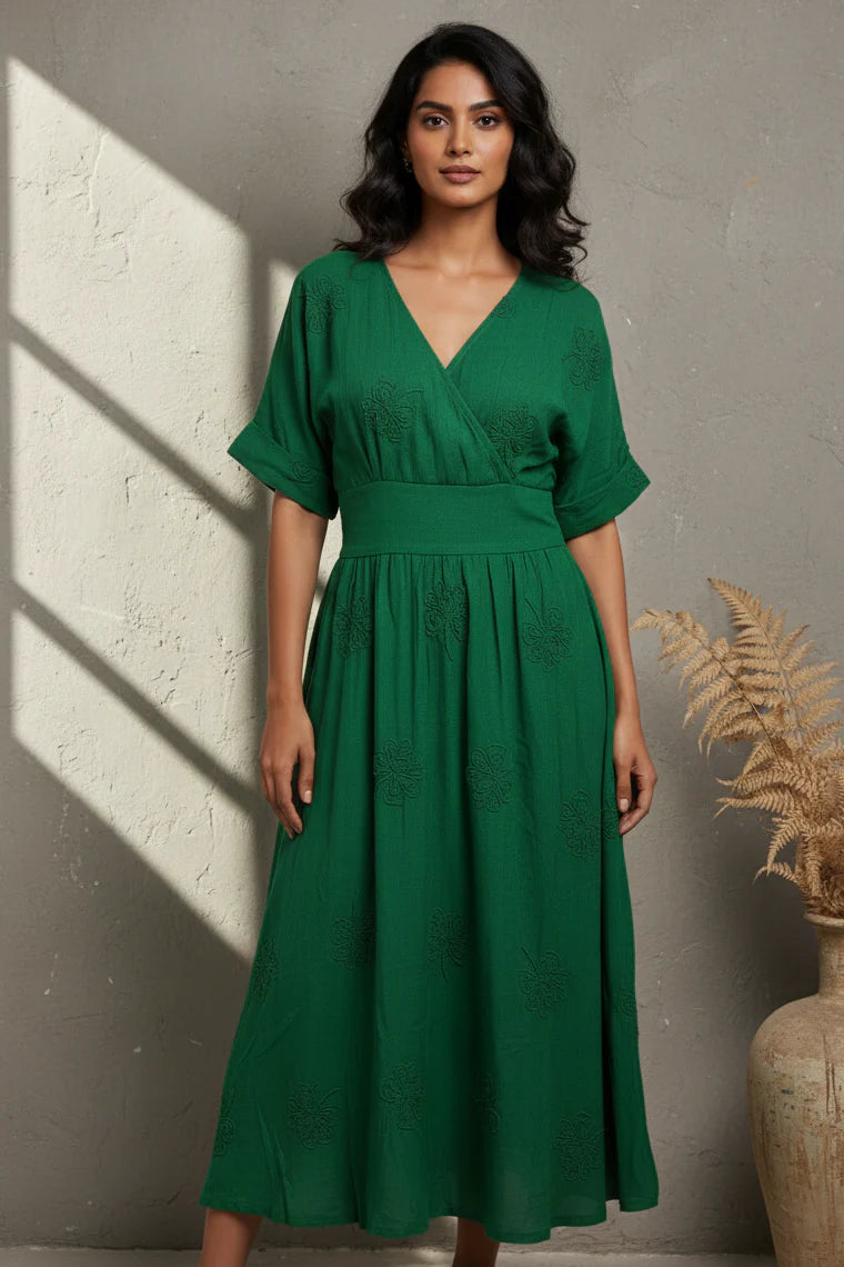Cotton Linen Lemon Print Dress with smocked waist and floral embroidery detail.