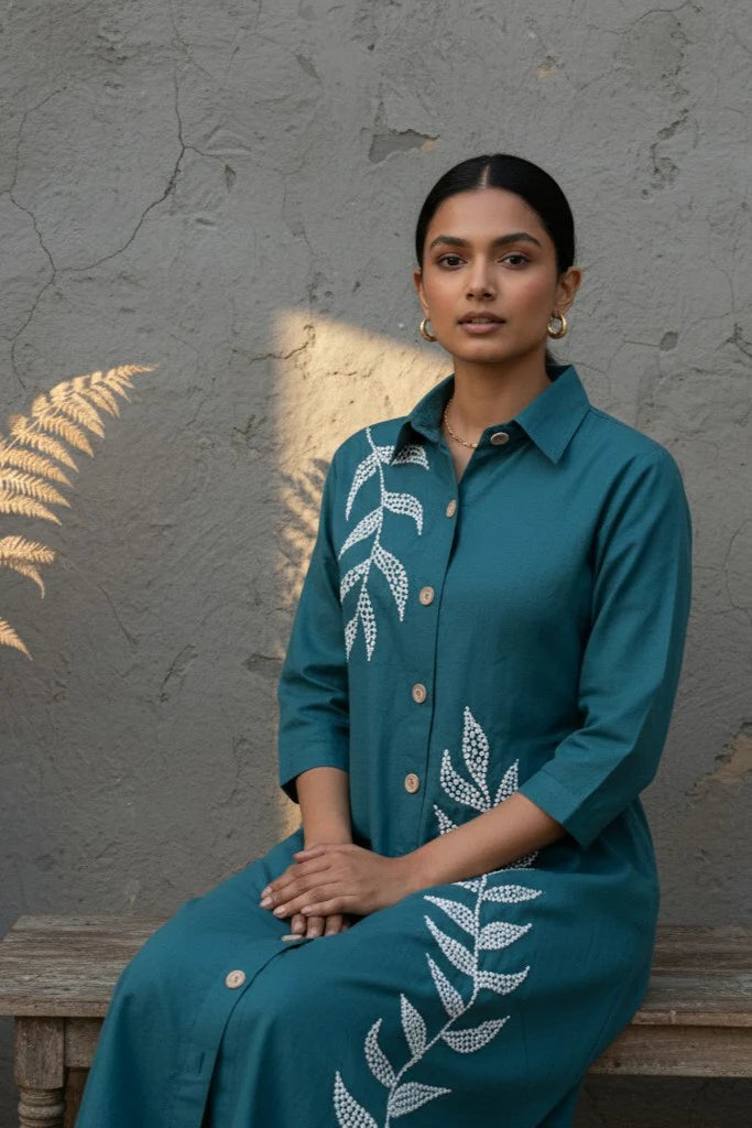 Handloom Ikkat Cotton Open Jacket with machine stitch detailing and handcrafted finish.