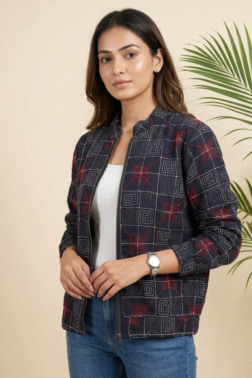 Double Ikkat Cotton Linen Reversible Bomber Jacket with handcrafted Kantha detailing.