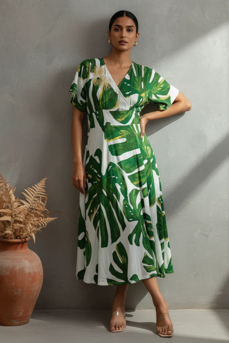 Cotton Linen Printed Co-ord Set with floral applique top and striped straight pants.