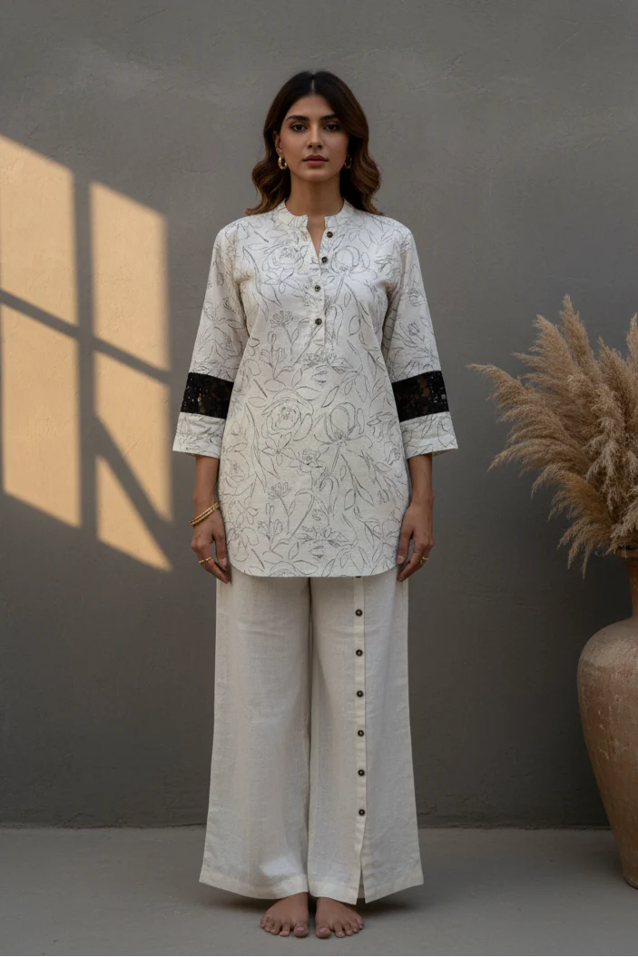 Peach Linen Co-ord Set featuring lace sleeve detailing and statement button pants.