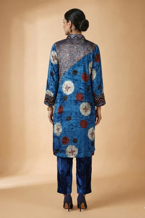 Tencel Denim Co-ord Set with Kantha embroidered jacket-style top and straight pants with stitch detailing.