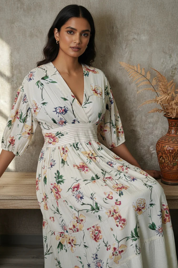 Mul Cotton Wrap Dress with floral applique, pintuck waist and smocking back detailing. Fully lined for comfort.