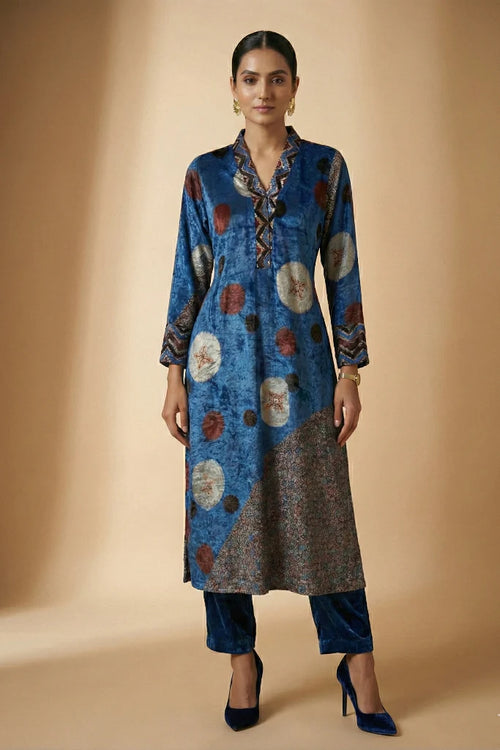 Tencel Denim Co-ord Set with Kantha embroidered jacket-style top and straight pants with stitch detailing.